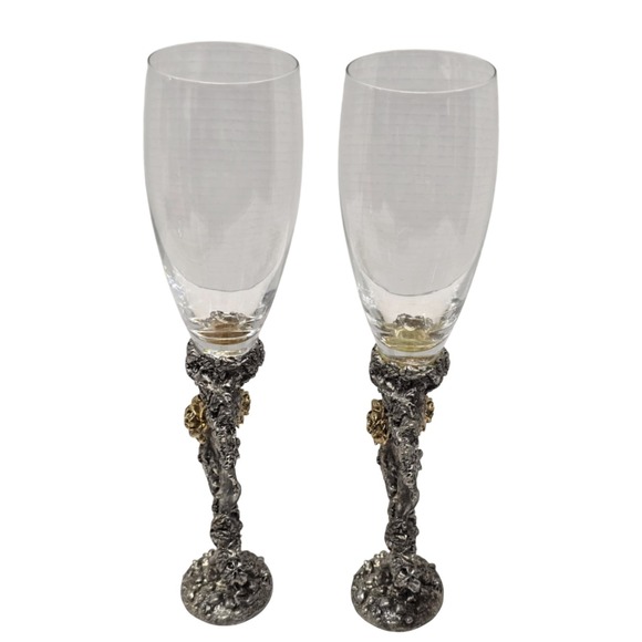 NIB Fellowship Foundry Pewter &  Glass Champagne Flutes SET OF 2 - Picture 2 of 10